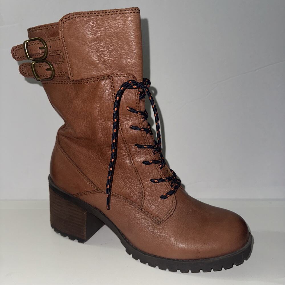 Lucky Brand NYLAH Leather Lace Up Side Zipper Boots Women's Sz 10M EUR 40 Buckle